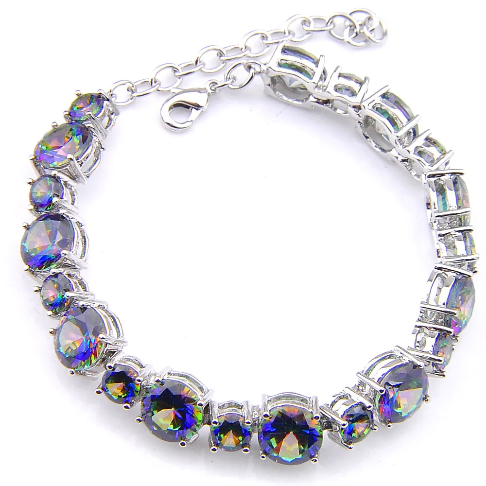 6 Sztuk Luckyshi Moda Biżuteria Okrągły Rainbow Blue Mystic Topaz Gemstone 925 Posrebrzane Cyrkon Bransoletki Bransoletki Bransoletka Wakacje Prezent