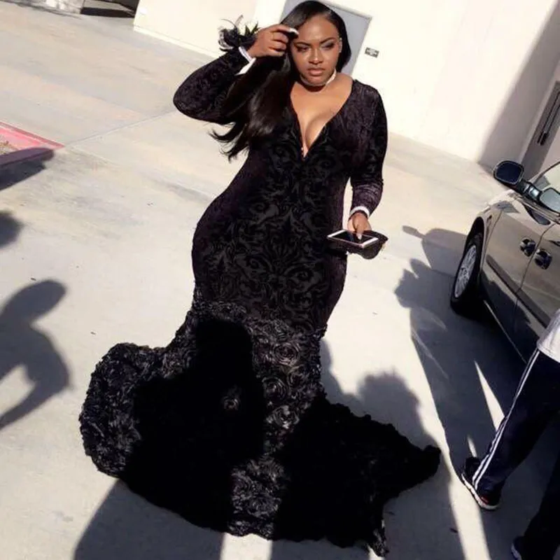 Plus Size Prom Dresses Mermaid Black Lace Plunging V Neck Long Sleeve Evening Gowns With 3D Flowers African Black Girl Dress