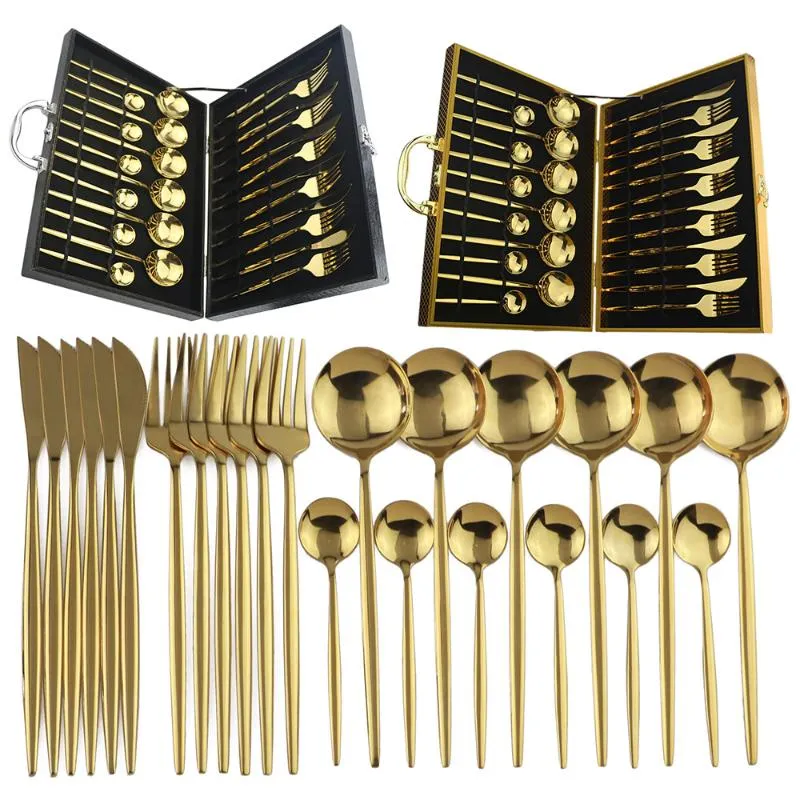 24pcs Gold Dinnerware Set 18/10 Stainless Steel Flatware Set Knife Fork Spoon Cutlery Kitchen Tableware Silverware With Gift Box