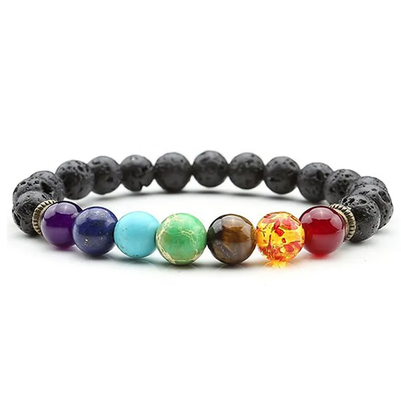 7 Chakra Bracelet Hommes Lave Noire Guérison Équilibre Perles Bouddha Prière Pierre Naturelle Yoga Huile Essentielle Diffuseur Bracelet Femmes