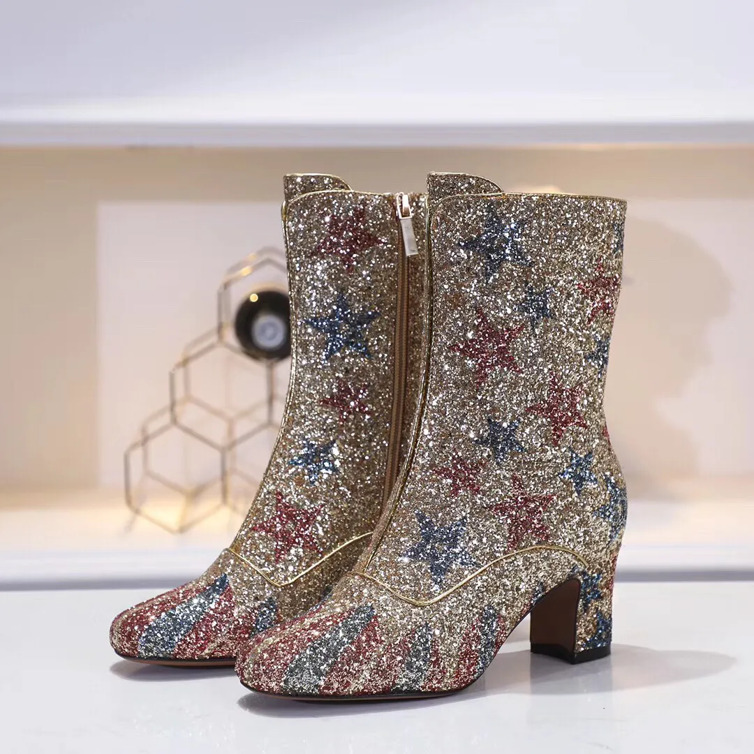 Womens Sequin Glitter Square Patchwork Toe Med Heels Knight Boots