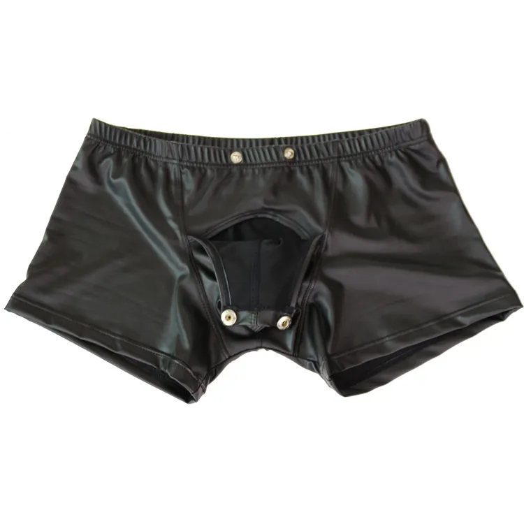 Mens Faux Leather Sweater Open Crotch Boxers With U Convex Pouch