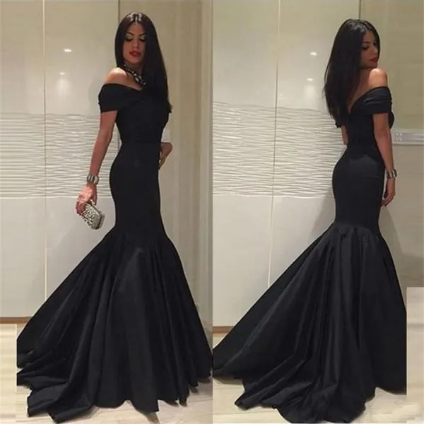 Latest 2018 Charming Black Mermaid Evening Dresses Long Off Shouler Neckline Fit and Flare Court Train Satin Evening Gowns Women