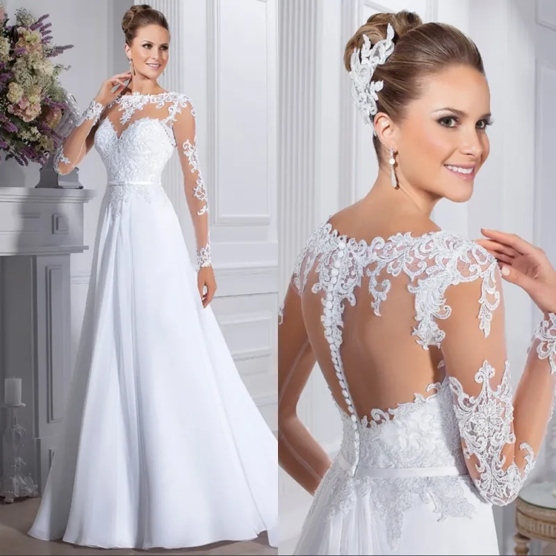 Robe de Mariee Sexy Back Abito da sposa Abito da sposa Pizzo bianco Maniche lunghe Abiti da sposa Vestidos de Noiva