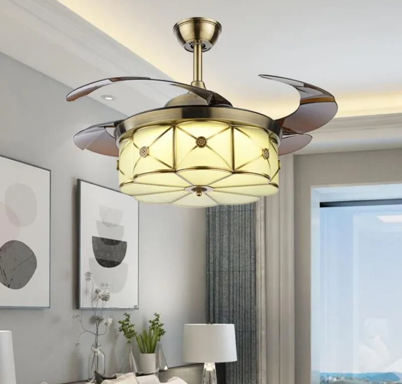 Modern LED ceiling fans lights 42 inches 108 cm 4 invisible shrinkable ABS blades noiseless energy-saving ceiling fan with remote contro MYY