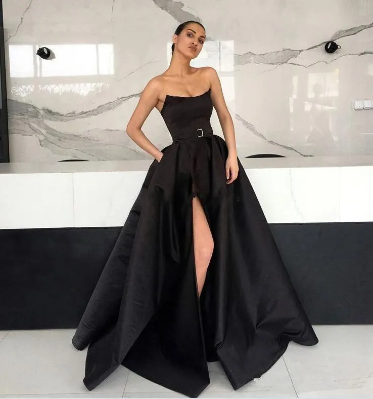 Sexy Black Cheap A Line Evening Dresses Long Strapless High Split Dress Evening Wear Formal Dress Abendkleider Vestido de fiesta