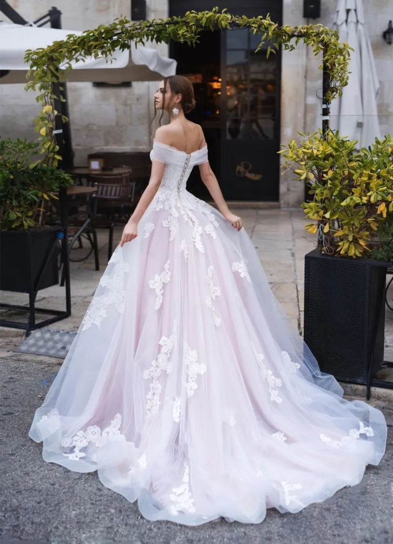 Blush Off-Shoulder Lace Appliqued light pink wedding dress with Laces-Up Back - Naviblue Arabic Bridal Gown