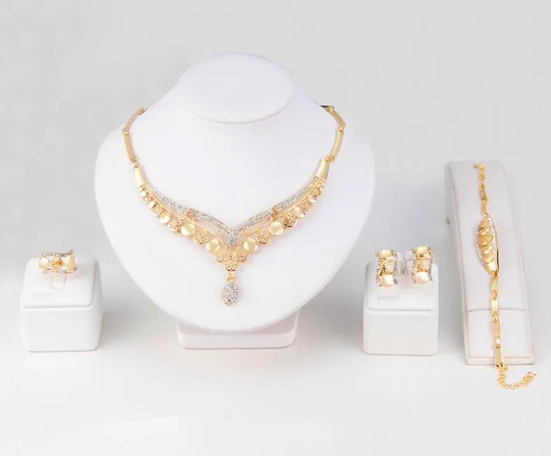 4 pièces bijoux de mariage en or goutte d'eau cristal clavicule chaîne collier ensemble bijoux de mariée perles de luxe Bracelets collier E325G