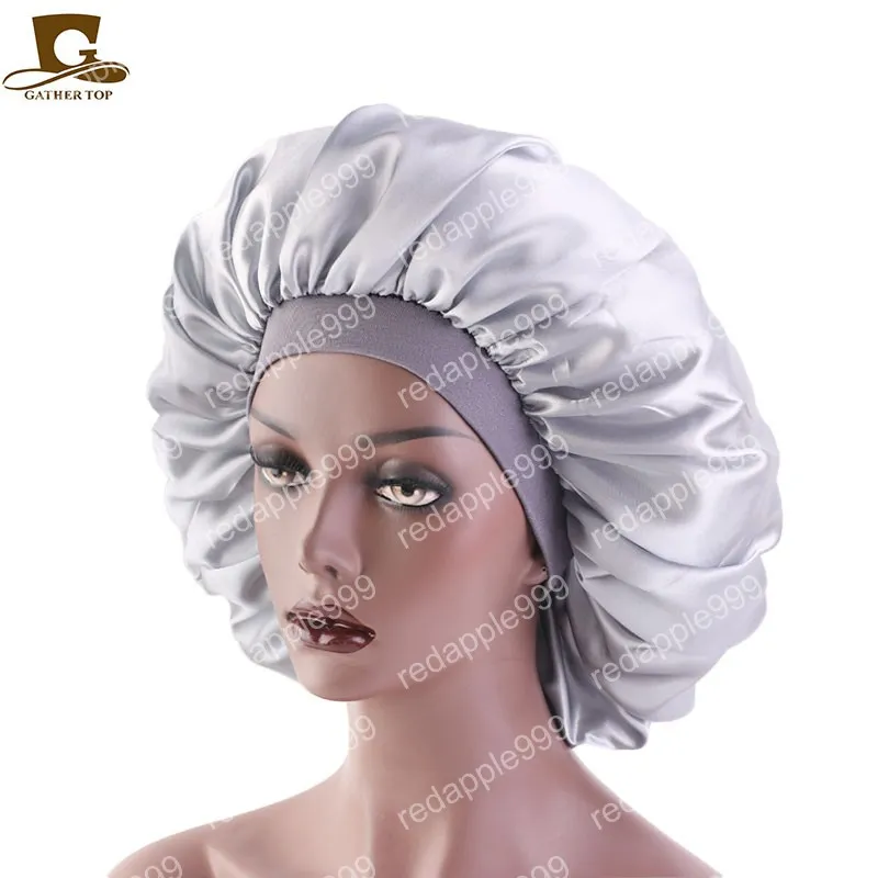 New Women Big Size Beauty print Satin Silk Bonnet Sleep Night Cap Head Cover Bonnet Hat for For Curly Springy Hair Black