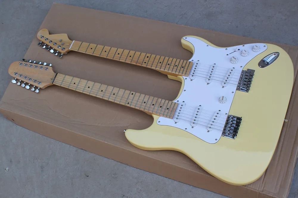 Factory Custom Double Neck Mleko żółty Gitara Elektryczna z 6 + 12 strunami, sprzęt chromowany, Maple Fretboard, White Pickguard, Oferta Dostosowana