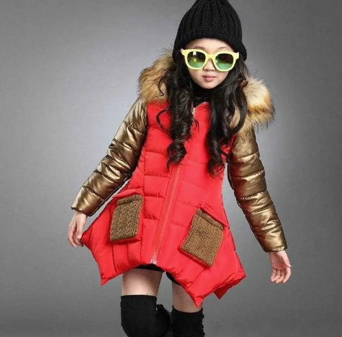 Retail High Fashion Kids Winter Coats Girls Lång tjock Slim Fur Collar Coat Cotton Jacket Hooded Jackor Outwear