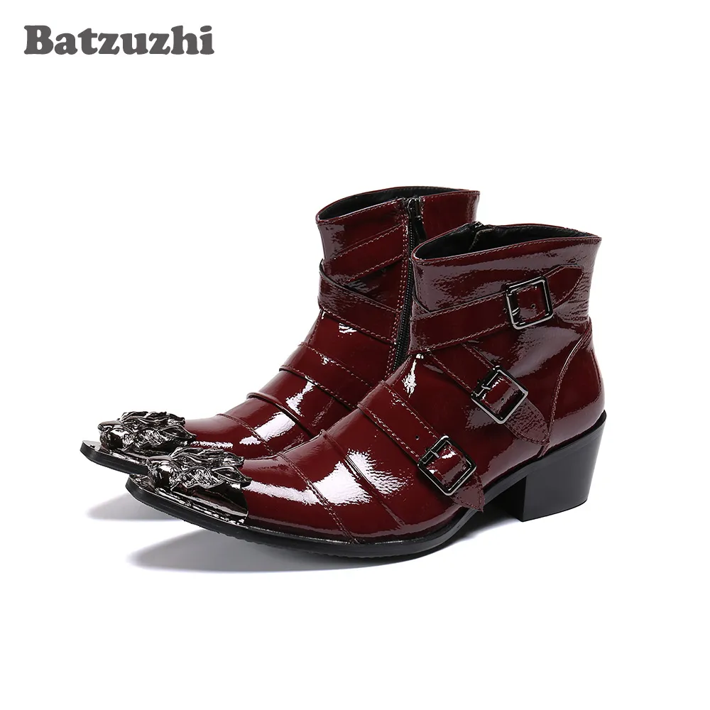 Batzuzhi Fashion Rock Heren Lederen Enkellaarzen Puntschoen 6.5 cm Hakken Motorfiets Laarzen Mannen Zwart / Wijnrood PartyBotas Hombre