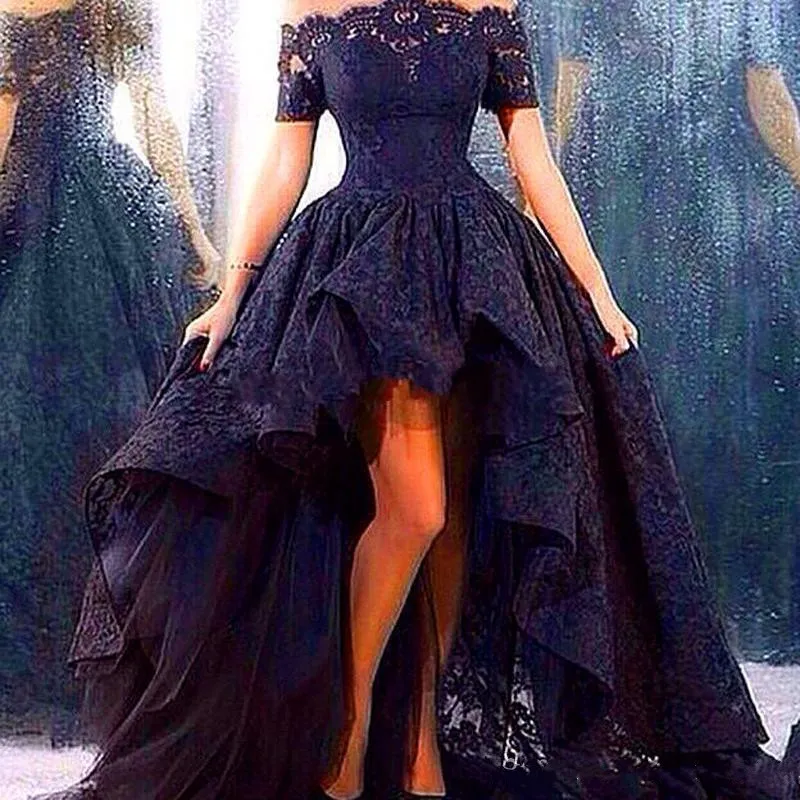 Black Lace Cold Shoulder Sleeved High-low Prom Gown - Promfy