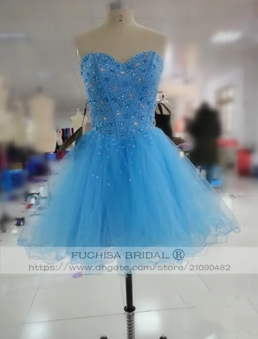 Sleeveless Short Blue Graduation Dress with Beads Corset Back Knee Length Party Dress