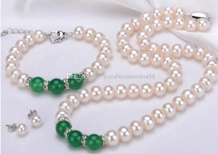 Neues feines echtes Perlen-Schmuckset, 8-9 mm, echte weiße Perle, grüne Jade-Perlen, Anhänger, Halskette, 18-Zoll-Armband, 7,5-Zoll-Ohrring-Set