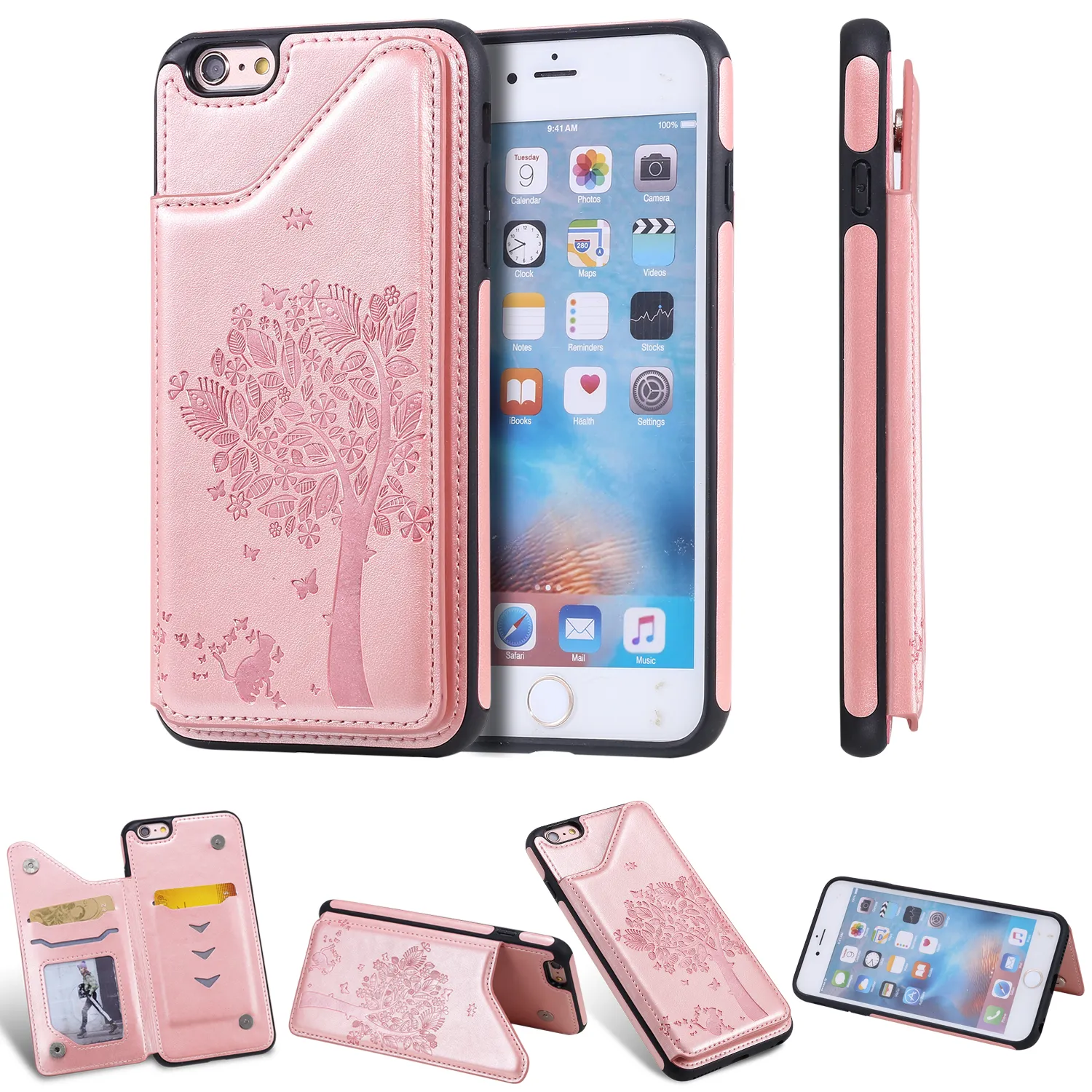 PU Leather Wallet Case For iPhone 6 6S/6 Plus/6S Plus Shockproof Card Slot Kickstand Embossing Cat tree Phone Back Cover