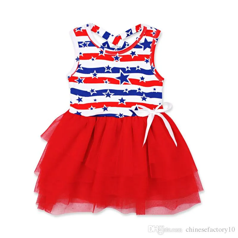 American Flag 4th Of July Girls Star Dress Kids Bandage Dress Summer Children Star Baby Vest Princess Dress 2019