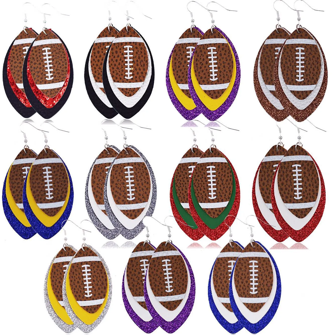 Multistorey Rugby Unique Multicolore Dangle Drop Boucles d'oreilles en cuir pour hommes et femmes Ball Shaped Sport Boucles d'oreilles Cadeau