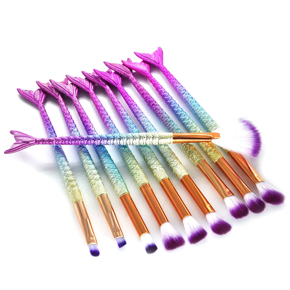 10PCS Mermaid Makeup Brushes Set Foundation Blending Powder Brush Eyeshadow Contour Concealer Blushes Cosmetic Makeup Tool GGA1862