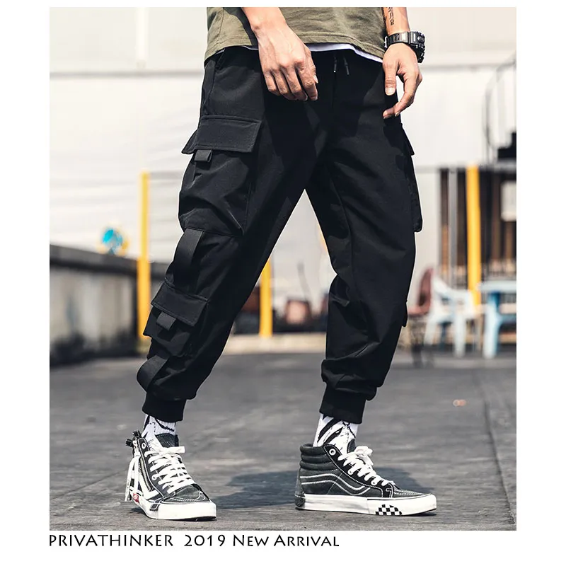 Pantalones cargo de los hombres de la correa Ankel Joggers longitud Pantalones Trajes de los hombres japoneses Streetwear holgado pantal n bolsillos