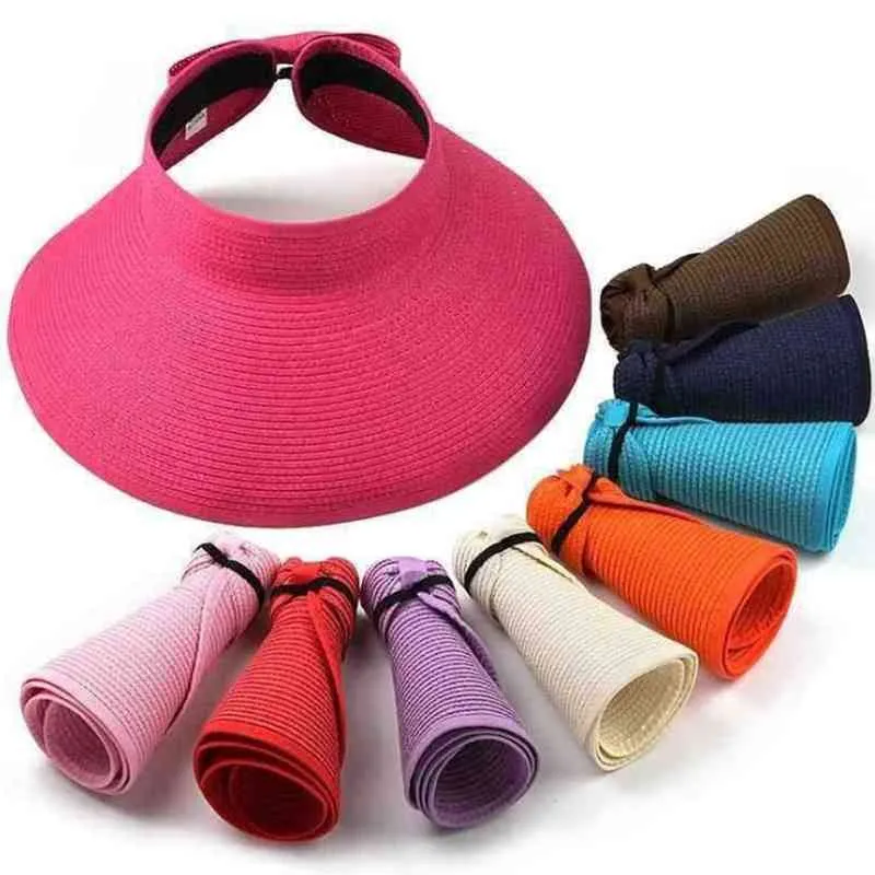 2019 New Fashion Sun Summer Hats dla kobiet Składany Roll Up Sun Beach Szeroki Brim Słomy Kapelusz Visor Czapka z wielo- kolor