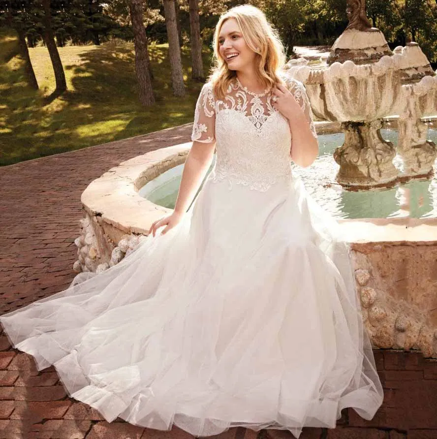 Vestido De Boda De Talla Grande De Encaje De Manga Corta Y Tul De