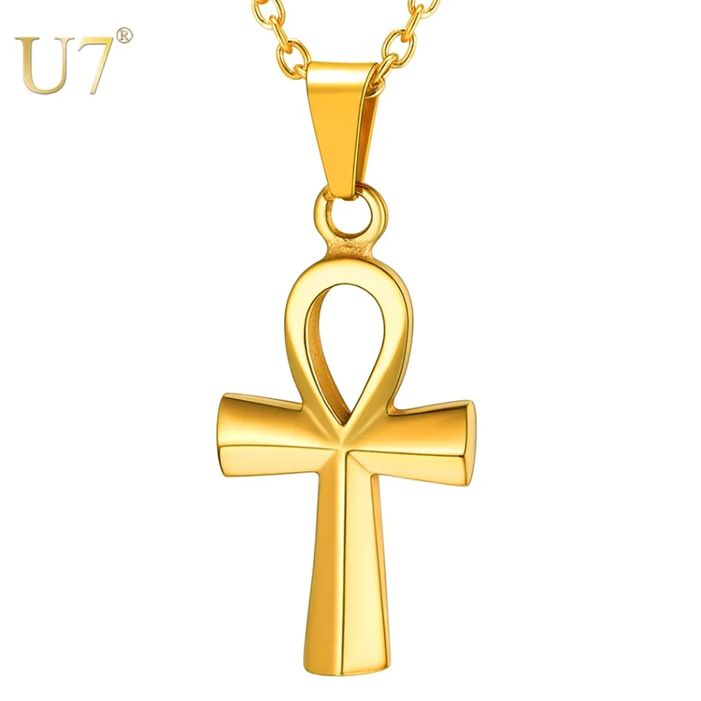 U7小さなエジプトのAnkh Crucifixのネックレスペンダントゴールドカラーステンレス鋼クロスネックレス男性ヒップホップジュエリーP1230