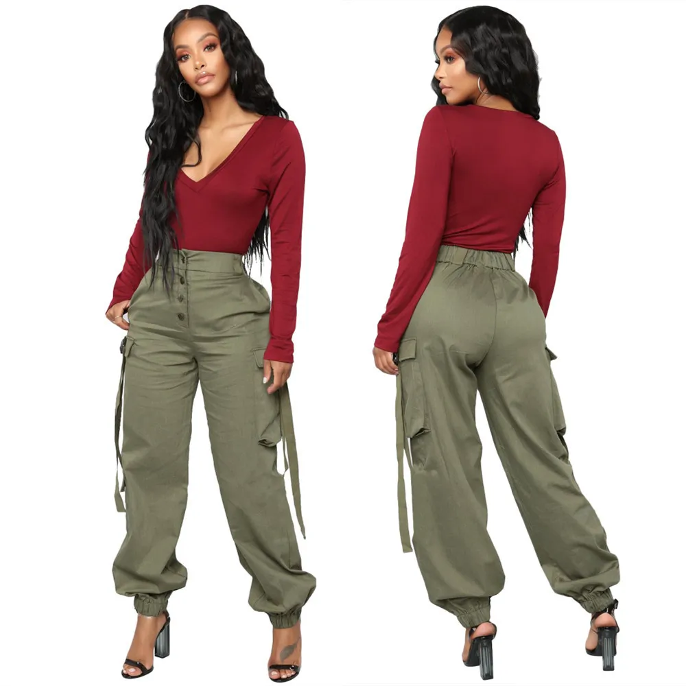 Solid Pocket Cargo Pants, Casual Button Front Pants, Women's Clothing