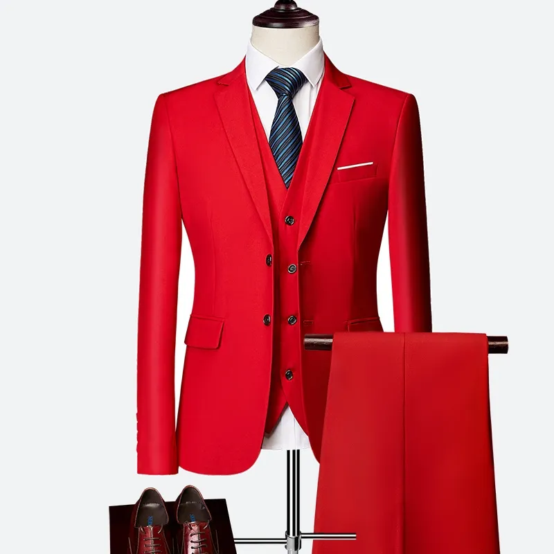 Abiti da uomo rossi per smoking da sposo con risvolto risvolto slim fit blazer giacca a tre pezzi pantaloni gilet uomo abbigliamento su misura