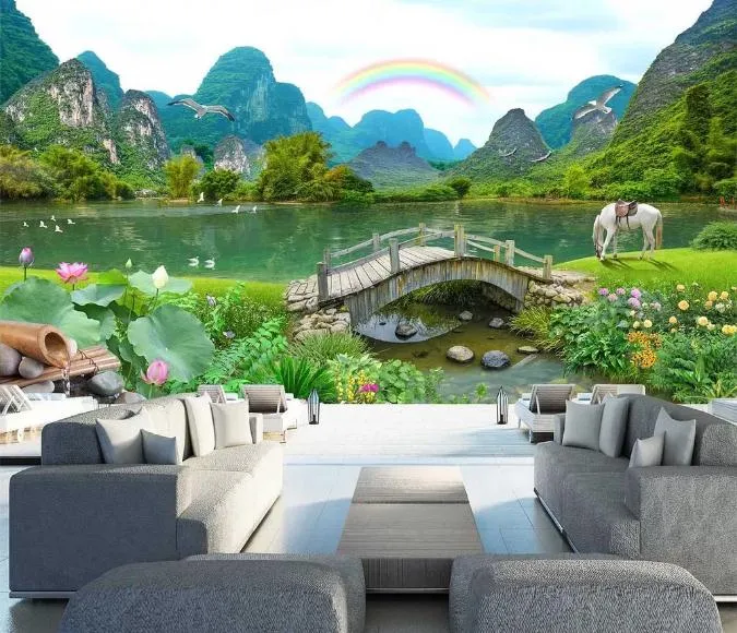 Custom 3d väggmålning tapet kreativ utökat den vackra naturen i södra av Yangtze River Wall Painting Silk Wallpaper