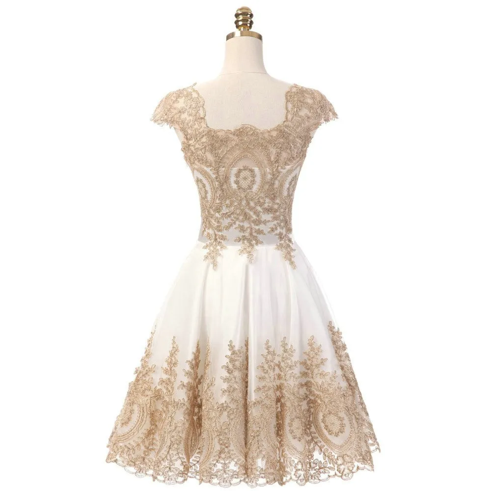 Gold Applique Short Prom Dress With Sleeves, Square... From Lovemydress, $78.9 | DHgate.Com Gold Applique Short Prom Dress With Sleeves, Square... From Lovemydress, $78.9 | DHgate.Com