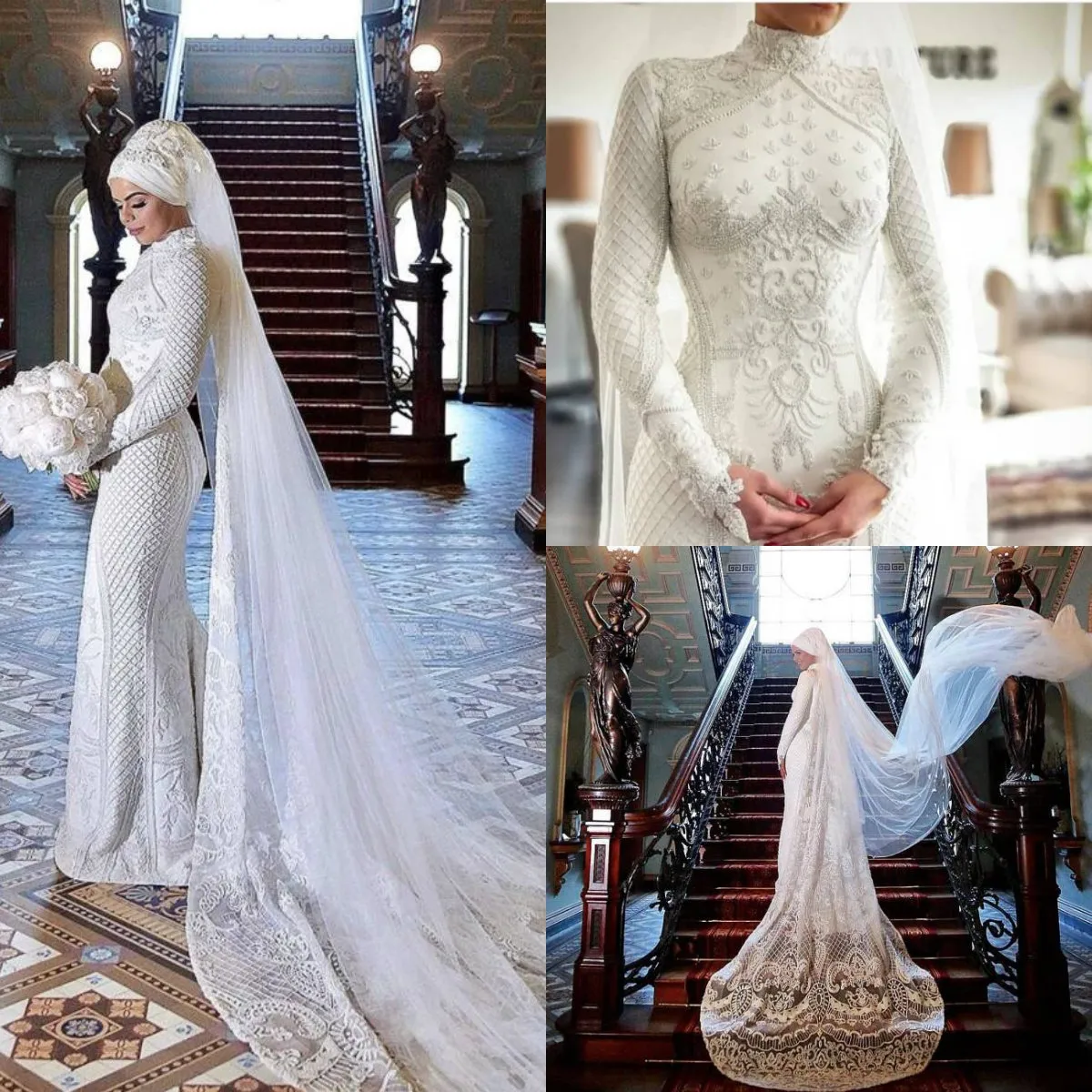 2020 Muzułmańskie Suknie ślubne Syrenki z Veil Lace Aplikacje Zroszony Robes De Mariée High Collar Suknie Ślubne Bridal