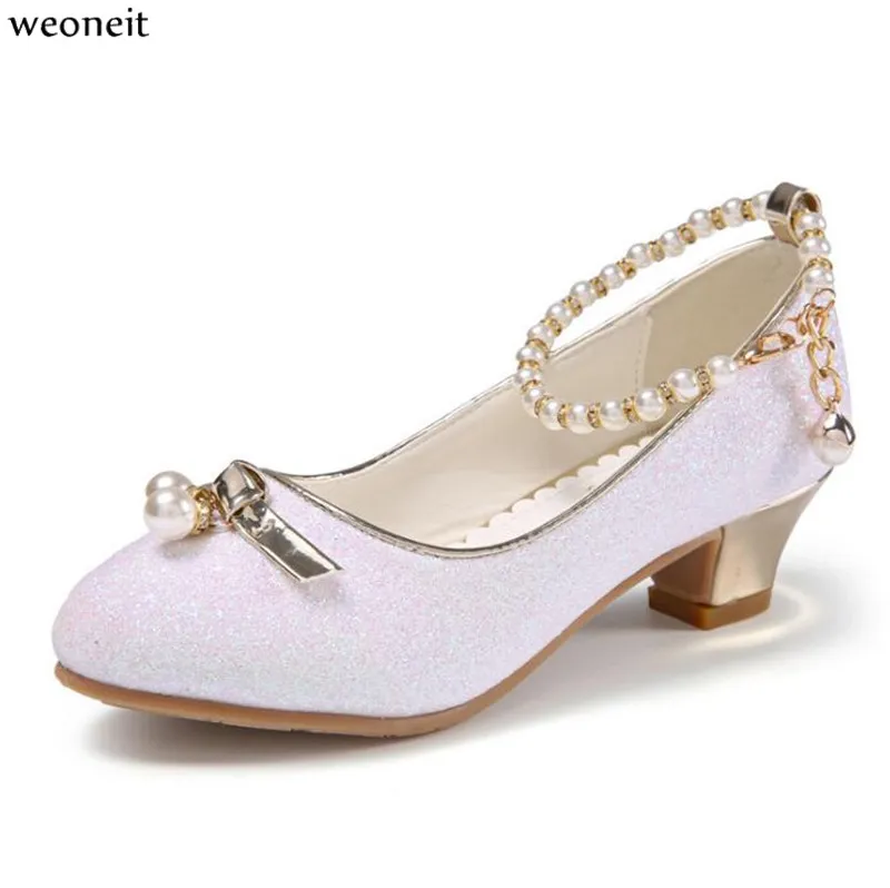 Weoneit Princess Kids Leather Shoes for Girls Sequin Children High Heel Girls Shoes Pearls Knot Pink White Party