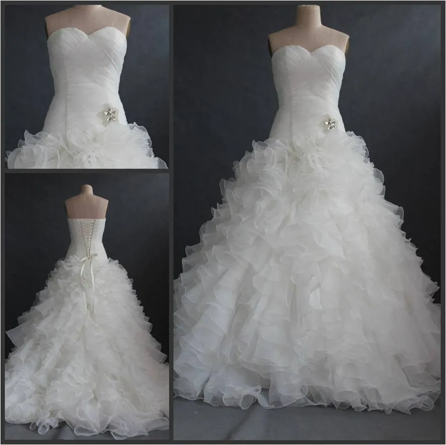 Sweetheart Sweep Train Tiered Skirts Cascading With Ruffle Organza Mermaid Wedding Dresses