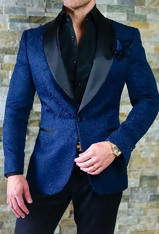 Embossing Noivo Smoking Azul Marinho Mens Casamento Smoking Xaile Lapel Homem Jaqueta Blazer Moda Men Prom / Jantar 2 Piece Suit (Jacket + Pants + Tie) 6