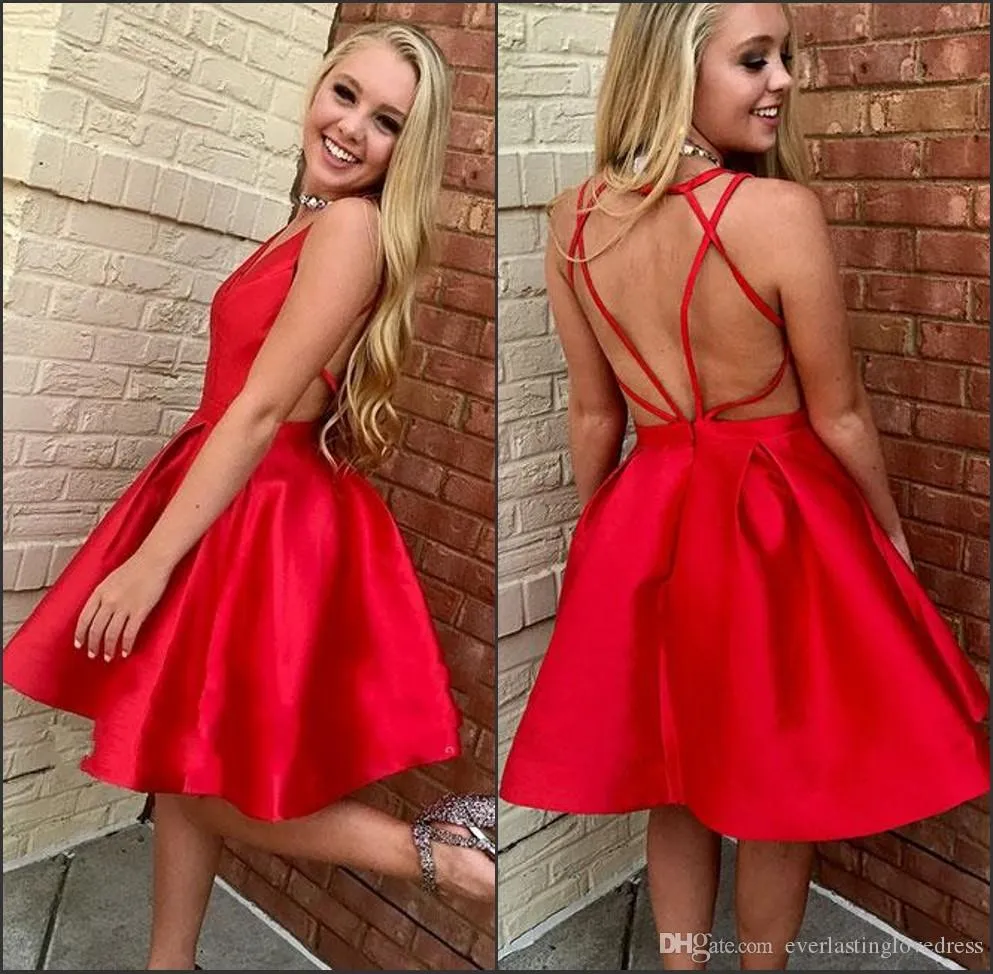 New Arrival Sleeveless V Neck Simple Red Short A Line Homecoming Dress Strappy Short Prom Dress With Open Back