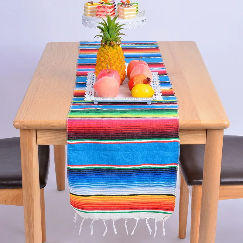 14x84 Inch Mexican Serape Table Runner Cloth Cover Fringe Cotton