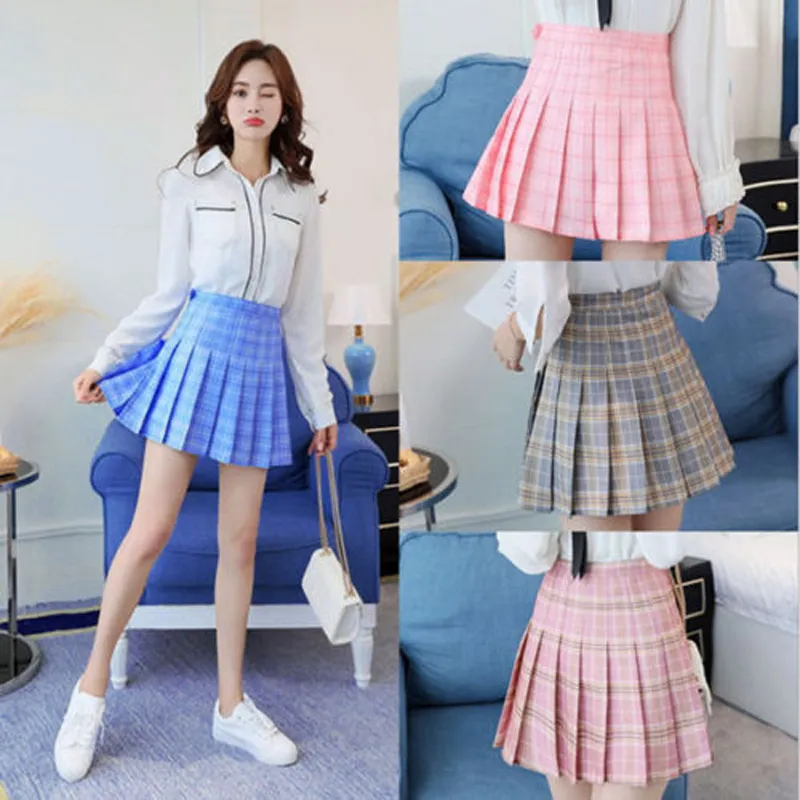 Kawaii flickor japansk stil hög midja pläd bröst veckad kjol söt lolita mini korta kjolar uniformer skola tartan rosa blå