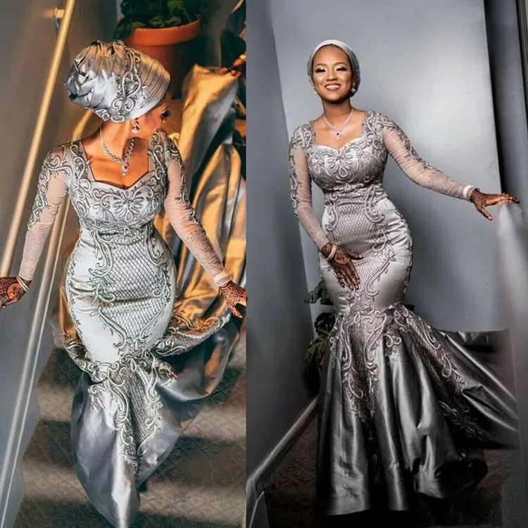 Laço floral de prata luxuoso Mermaid Prom Vestidos Africano 3D Applique mangas compridas Custom Made vestido de noite vestes formais de soirée