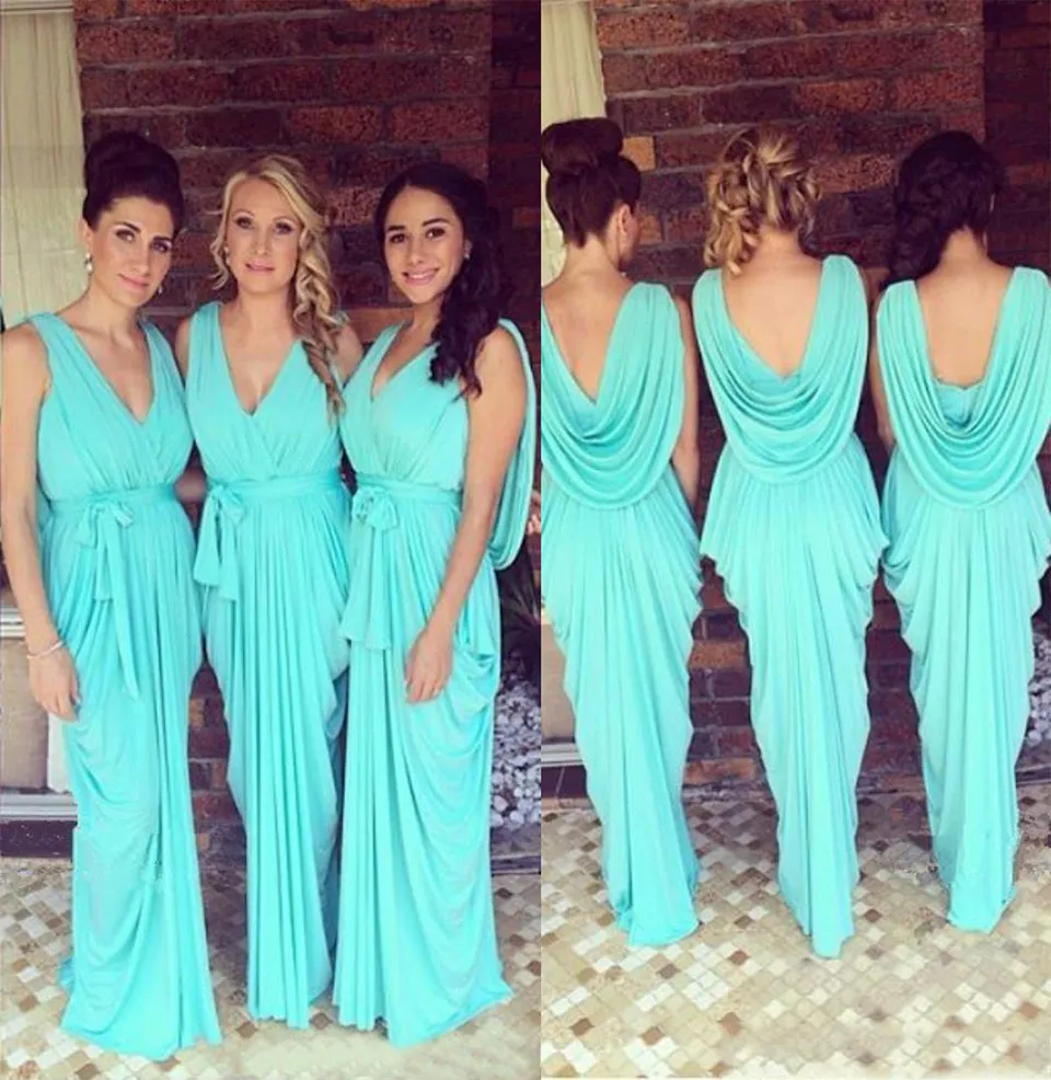 Druhna Dresses V Neck Wedding Gość Nosić Teal Turkusowy Szyfonowy Open Back Wash Długość podłogi Ruched Party Maid of Honor Suknie BD8993