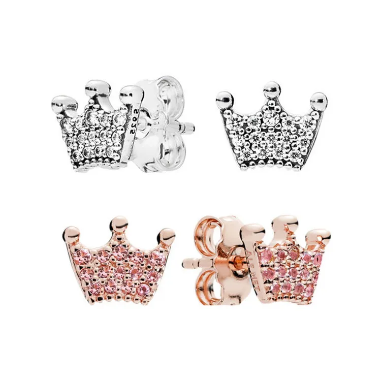 18k Rose Ouro Enchanted Crowns Stud Brinco Caixa Original para Pandora 925 Sterling Silver Clear CZ Crown Brincos Mulheres Meninas Jóias conjunto