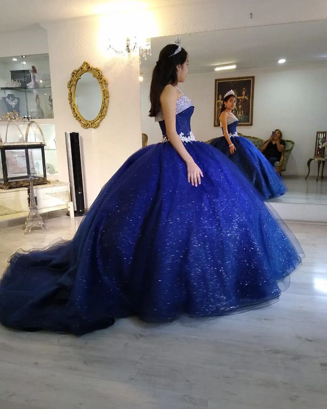 Paillettes paillettes bleu royal robe de bal robe de Quinceanera dentelle Appliques Puffy filles 15 ans robes d'anniversaire robes de quincea ￱era