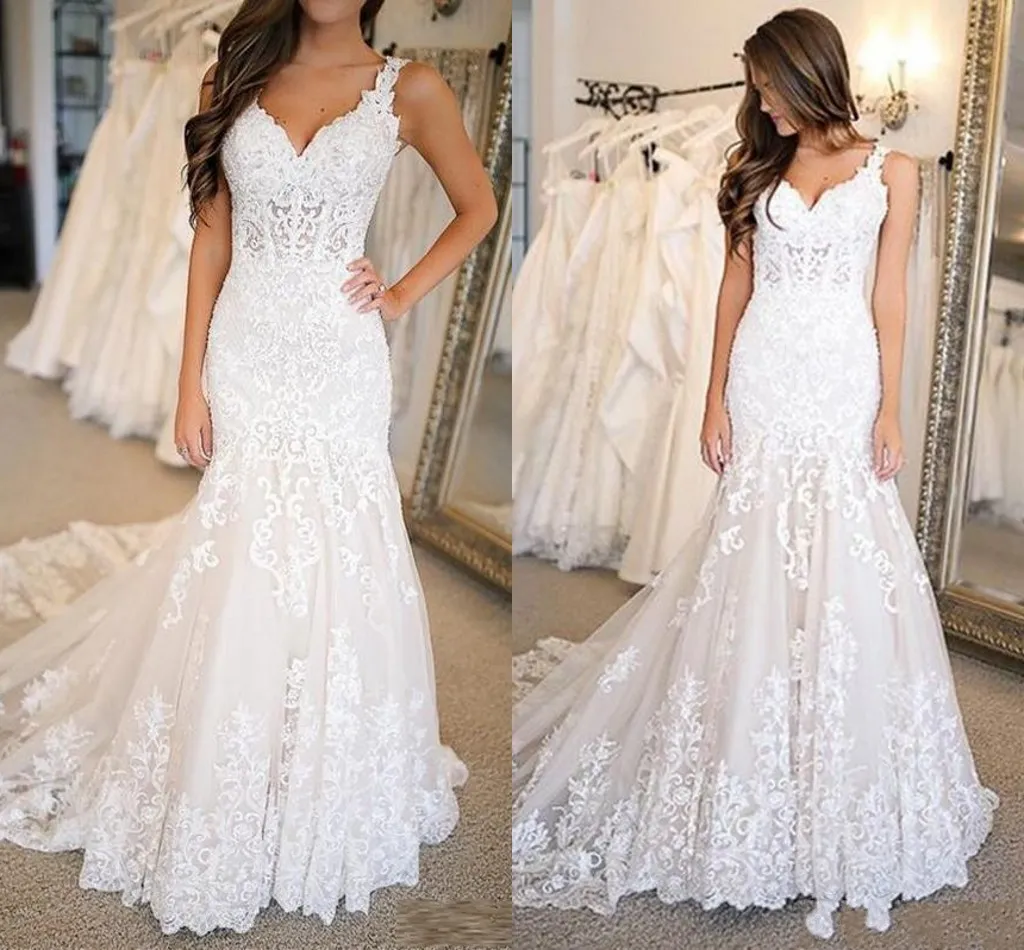 플러스 사이즈 인어 웨딩 드레스 레이스 Appliqued 2021 섹시한 스파게티 스트랩 Vestidos de Novia Sweep Train Backless Brides Gowns AL2869