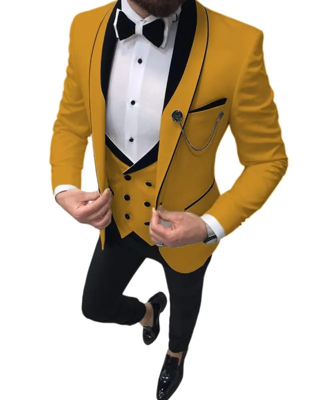 Желтый мужской костюм Slim Fit 3 шт. Prom Tuxedos Shawal Отвораживает Двухбордовые Жилет Tuxedos Blazer Свадьба (Куртка + жилет + Брюки