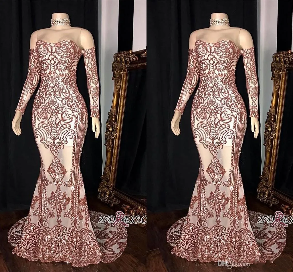 Sexy Mermaid Prom Dresses Sheer Long Sleeves Illusion Neck Lace Applique Beaded Floor Length Formal Party Evening Gowns