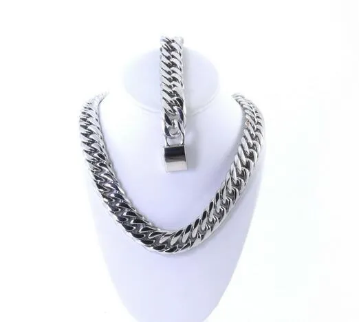 Mens Large Thick Silver Finish Miami Cuban Chain And Bracelet Set JayZ Hip Hop