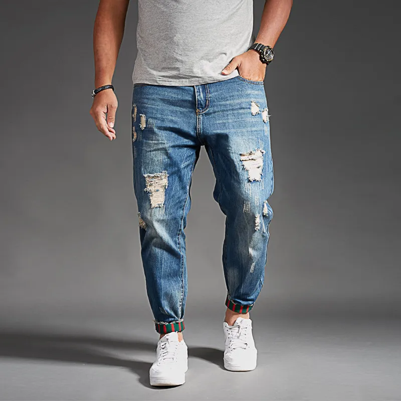 Mode Hip Hop Harem Jeans Hommes Pantalon De Jogging Jeans Coton Stretch Lâche Denim Pantalon Designer Noir Bleu Pour Hommes Jeans Plus La Taille