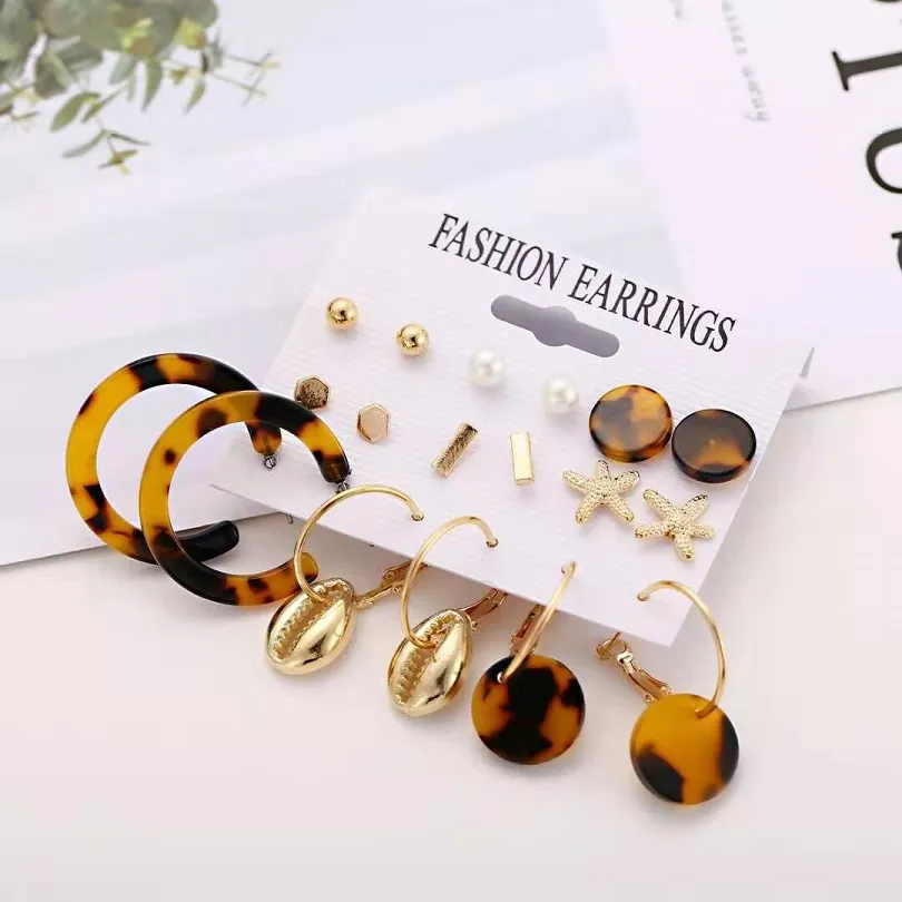 Set di orecchini Wholesa con stampa leopardata cerchi da donna perla oro stelle marine orecchini vintage con manico leopardato orecchini gioielli con conchiglia regalo d'amore