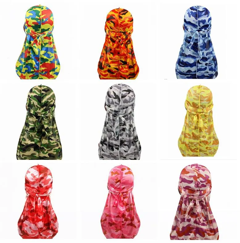 Miltary Camouflage 실키 Durag 뜨거운 다채로운 프리미엄 360 파도 긴 꼬리 실키 Durags 힙합 모자 남성과 여성을위한 고품질 Du-rag