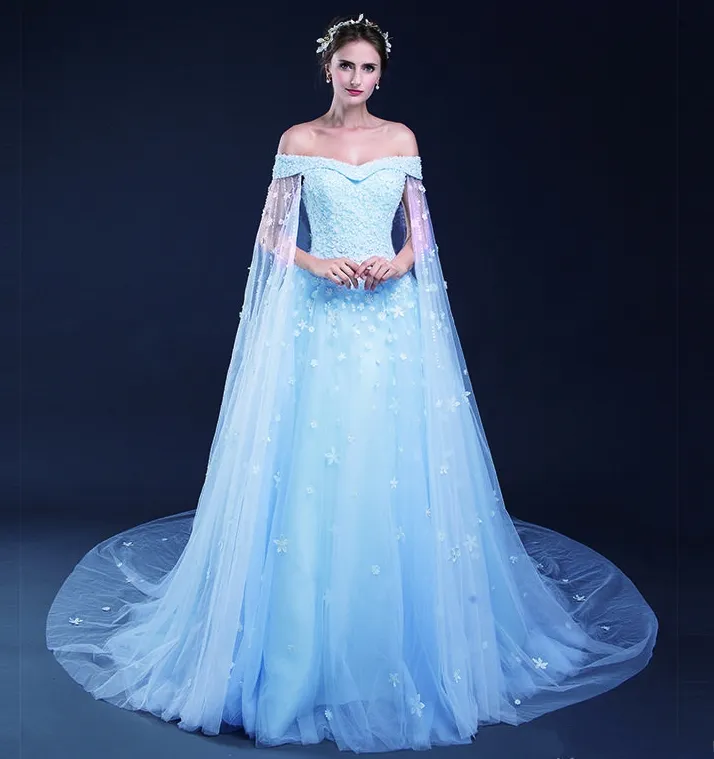 Abiti da sposa a linea azzurra con fiori di pizzo applicati con lacci in tulle con spalle scoperte Abiti da sposa abiti da sposa su misura HY4154